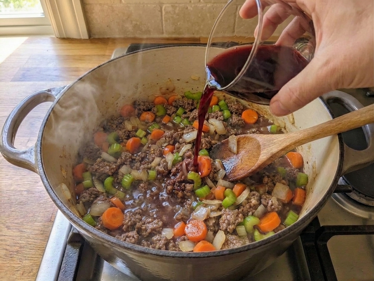 Red wine being poured into a pot to deglaze, with a wooden spoon scraping browned bits from the bottom