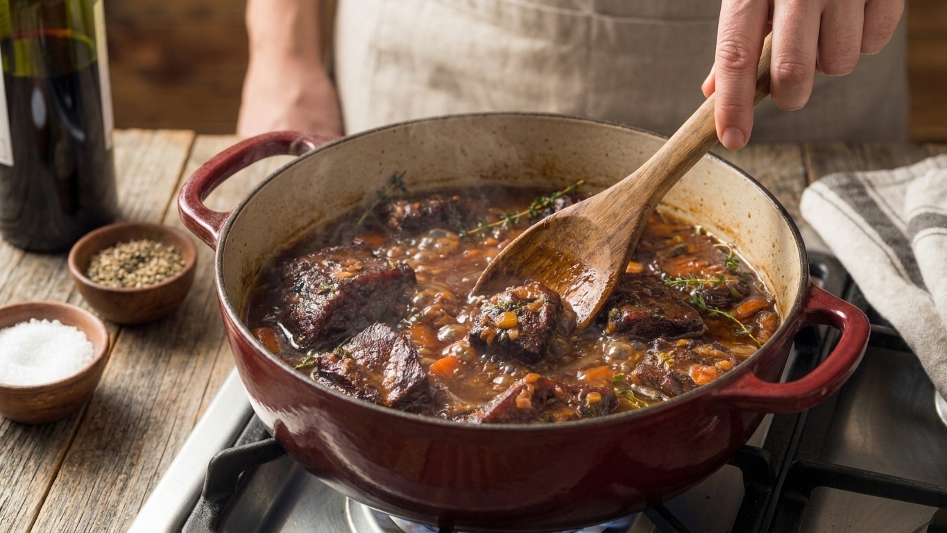 Red wine braising sauce simmering and reducing in a Dutch oven with a wooden spoon stirring