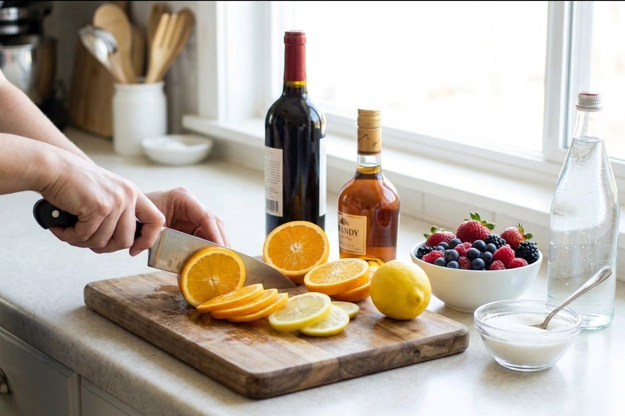 Red wine, brandy, orange, lemon, mixed berries, sugar, and a bottle of sparkling water arranged on a clean kitchen counter with a cutting board and chef knife