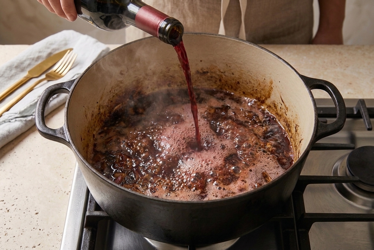 Red wine bubbling in a Dutch oven as it deglazes the browned fond from the bottom