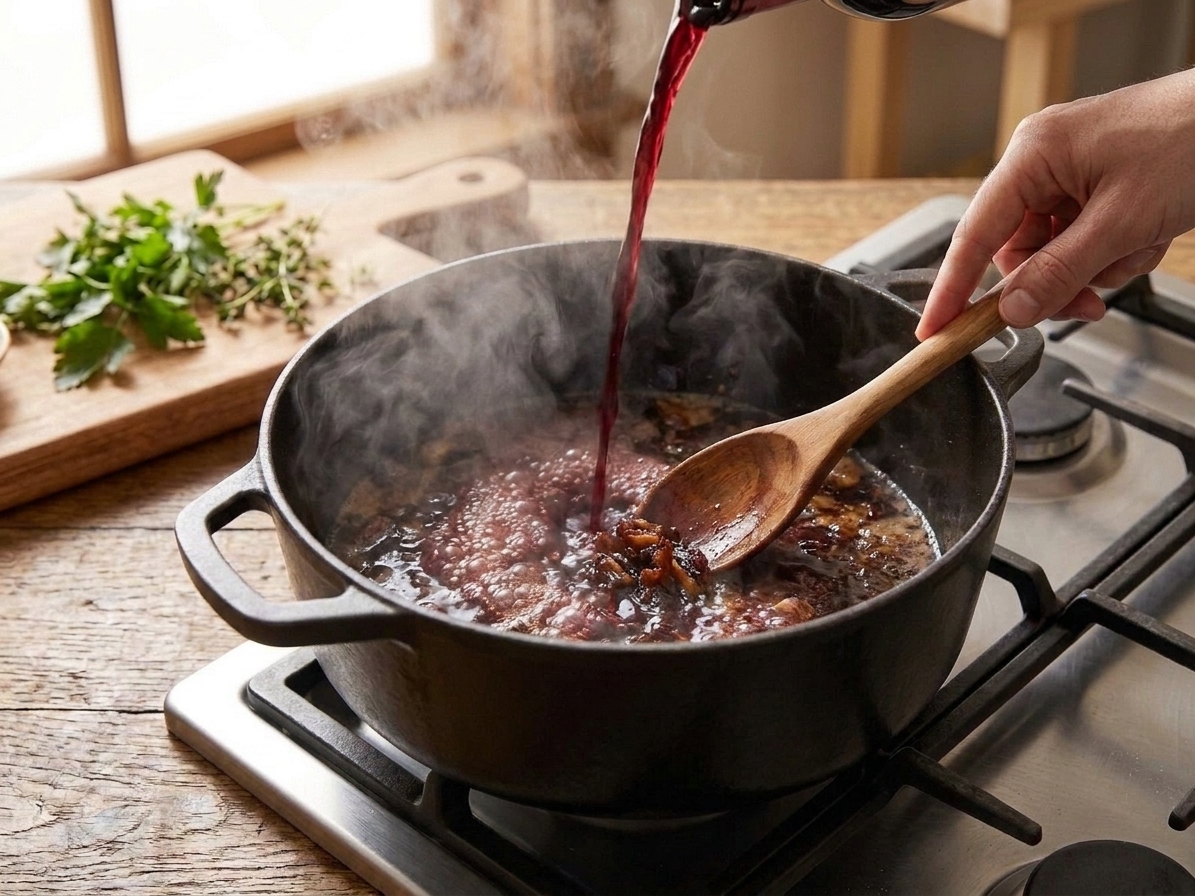 Red wine bubbling in a Dutch oven while a wooden spoon scrapes browned bits from the bottom