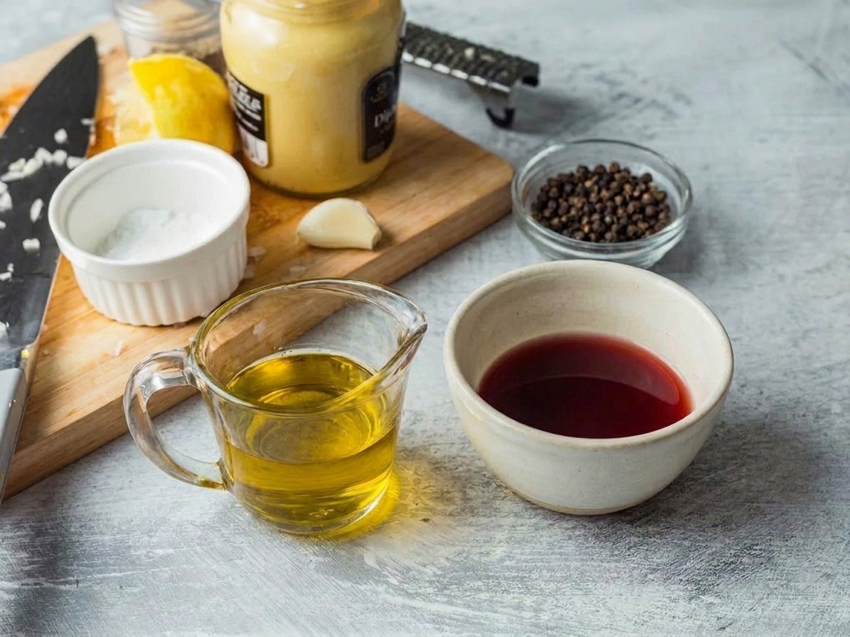 Red wine vinegar, Dijon mustard, a peeled garlic clove, olive oil, salt, and pepper arranged on a clean kitchen counter, ready to make vinaigrette
