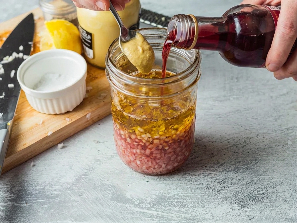 Red wine vinegar and Dijon mustard being added to a mason jar on a kitchen counter, mid-prep for vinaigrette