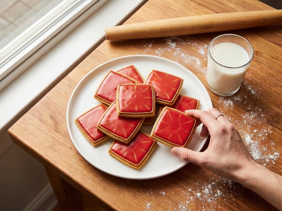 Redstone lamp-inspired square cookies arranged on a ceramic plate with a glass of milk on a wooden kitchen table