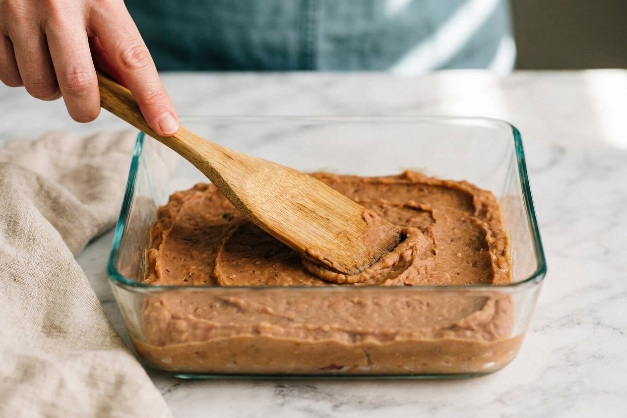 Refried beans being spread into an even layer in a glass baking dish with a spatula