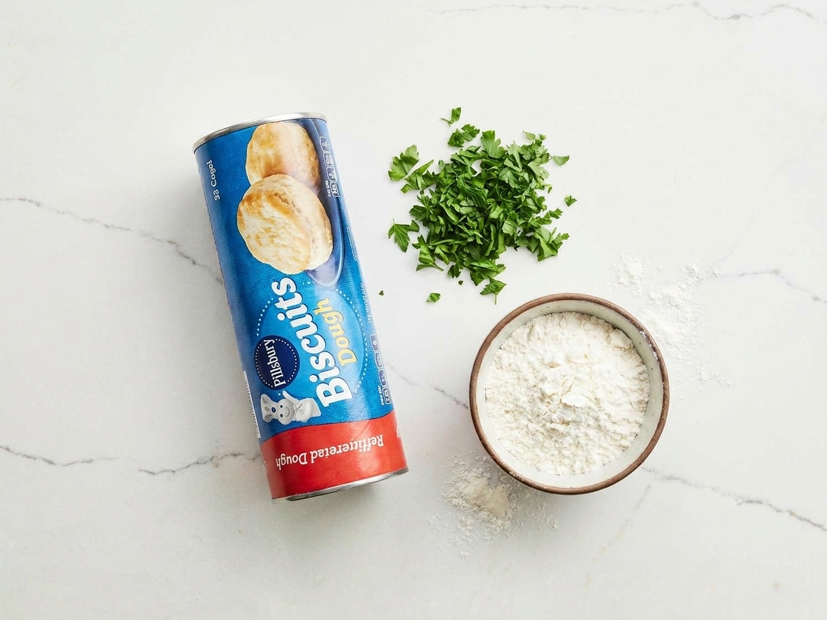 Refrigerated biscuit dough can on a counter beside chopped parsley and a small bowl of flour