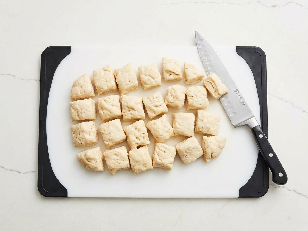 Refrigerated biscuit dough cut into small dumpling-size pieces on a cutting board with a knife