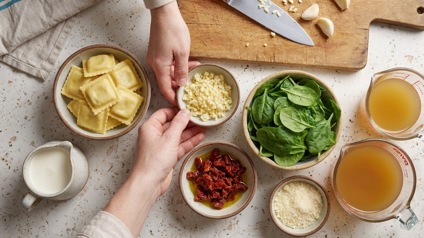 Refrigerated cheese ravioli, garlic, baby spinach, sun-dried tomatoes, cream, Parmesan, and chicken broth arranged on a bright kitchen counter in small bowls