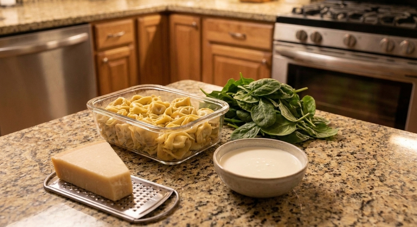 Refrigerated cheese tortellini, fresh baby spinach, a wedge of Parmesan, and a small bowl of cream arranged on a kitchen counter
