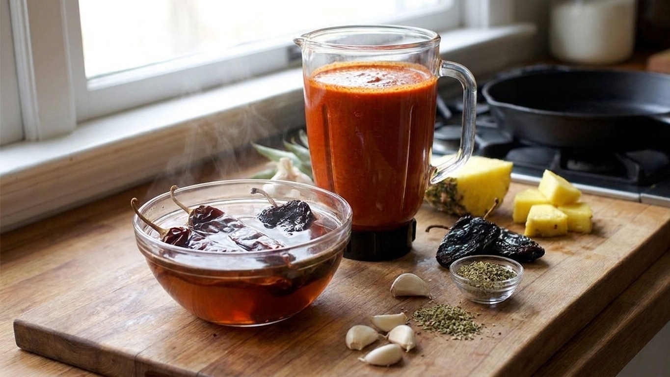 Rehydrated guajillo and ancho chiles soaking in a small bowl of hot water on a kitchen counter next to a blender