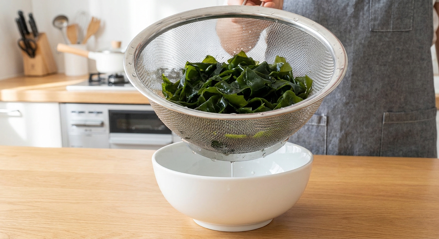Rehydrated wakame draining in a fine-mesh strainer over a bowl on a clean kitchen counter, water droplets visible