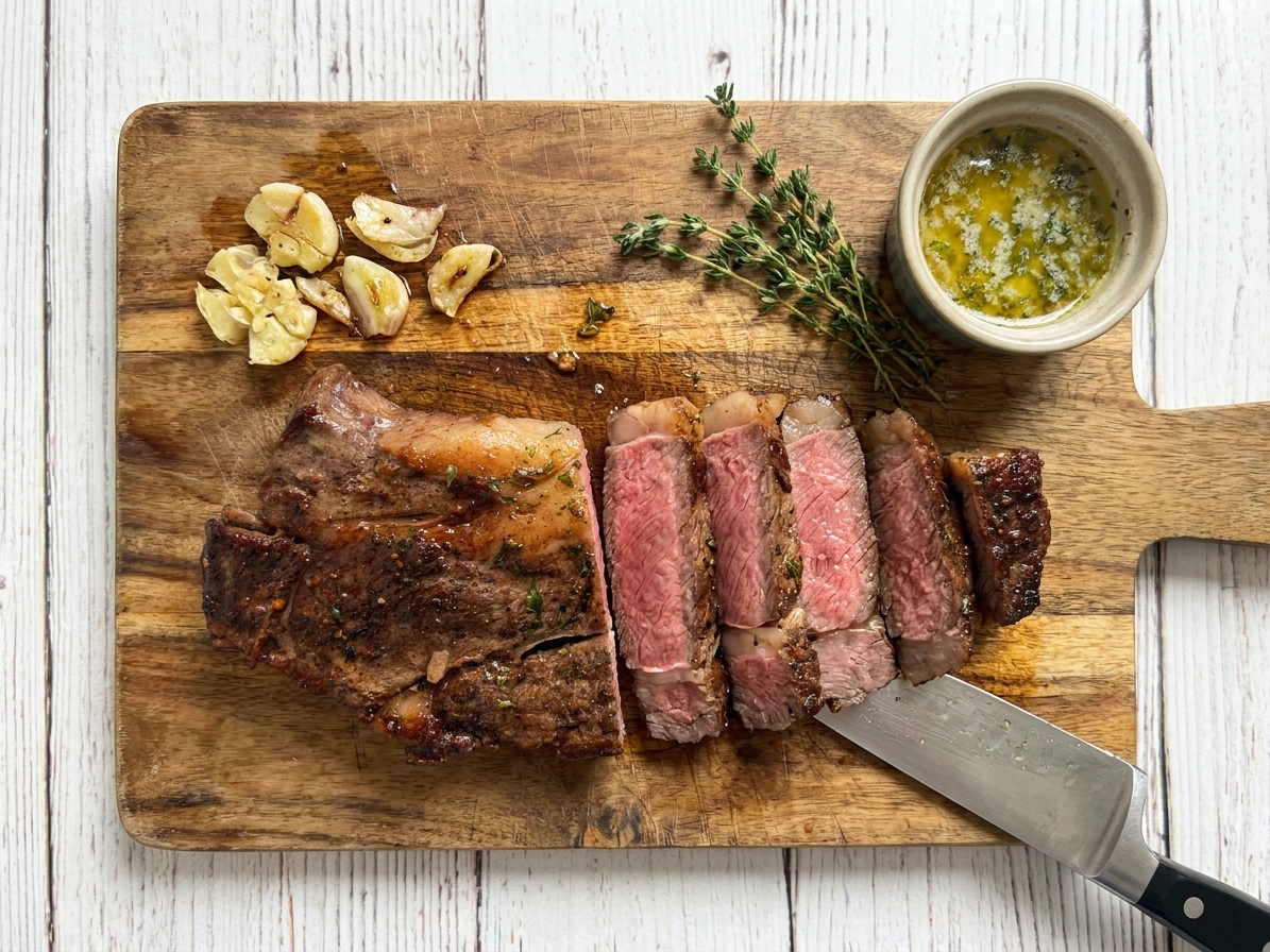 Rested NY strip steak sliced against the grain on a wooden cutting board with garlic, thyme, and melted butter nearby