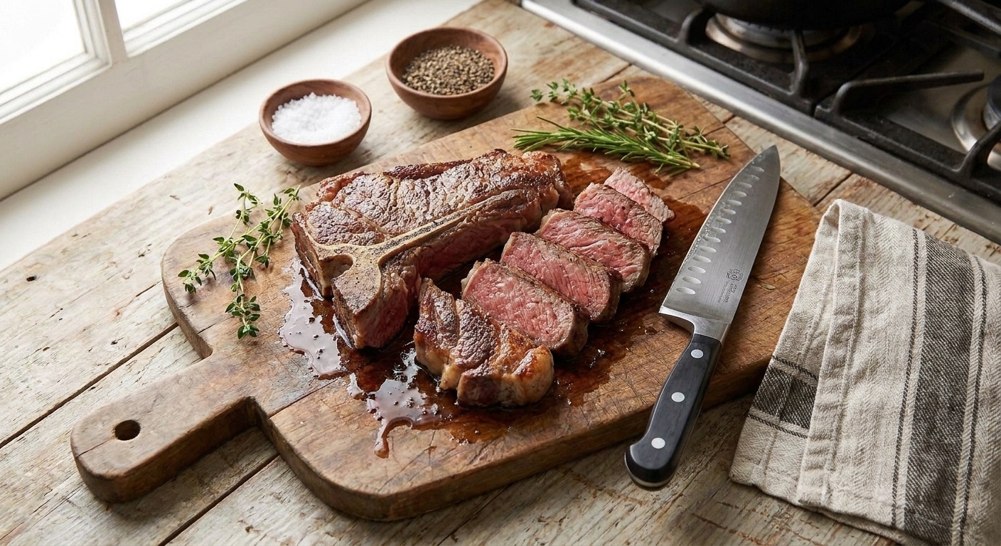 Rested T-bone steak sliced off the bone on a wooden cutting board with juices resting and a knife nearby
