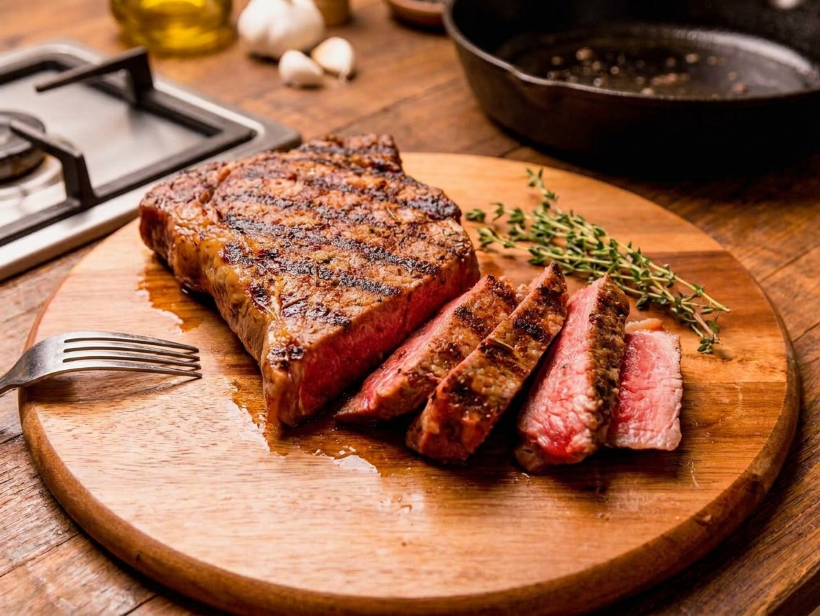 Rested striploin steak sliced against the grain on a wooden cutting board with juices pooling lightly and thyme sprigs nearby