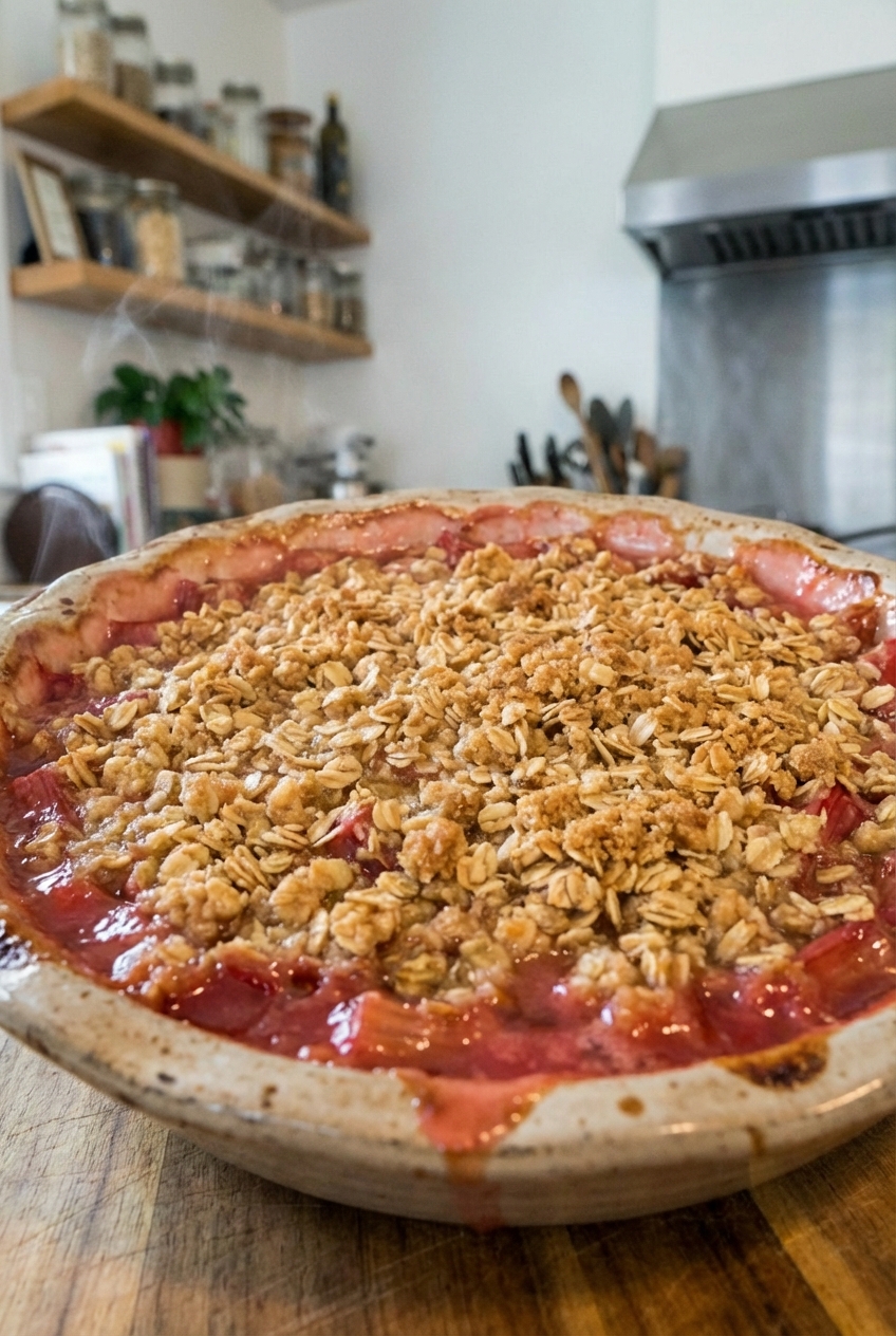 Rhubarb crisp fresh out of the oven with a golden brown oat topping