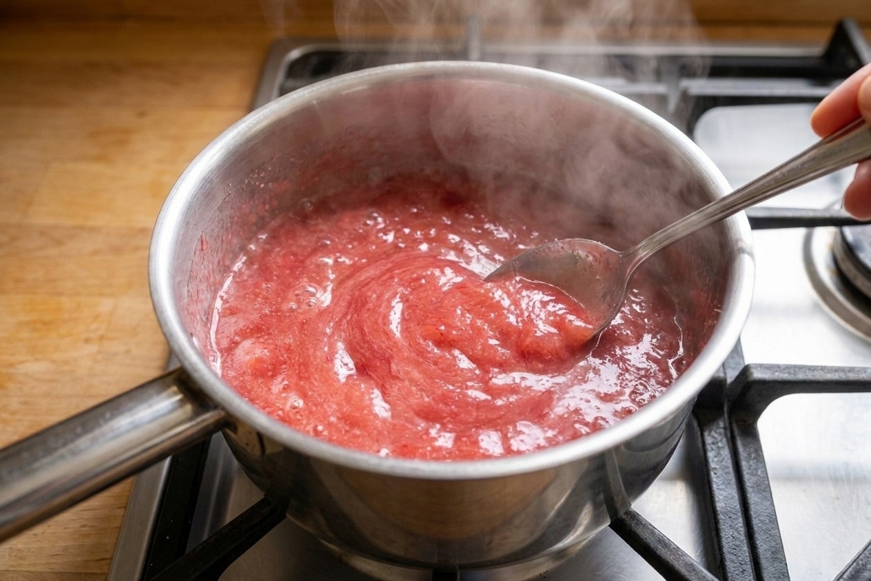Rhubarb jam bubbling in a saucepan with a spoon stirring, steam rising under warm kitchen lighting