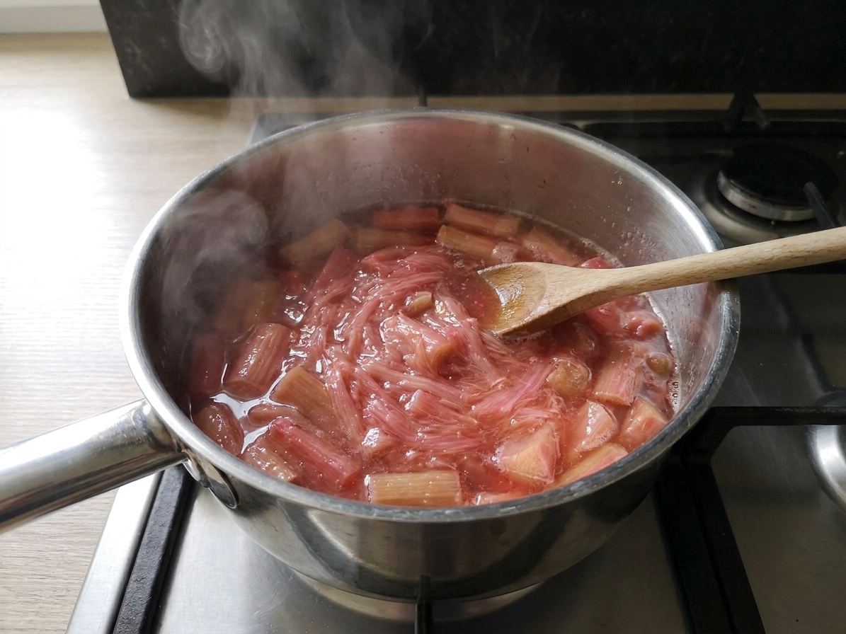 Rhubarb pieces simmering in a saucepan on a stove, turning soft and pink as steam rises