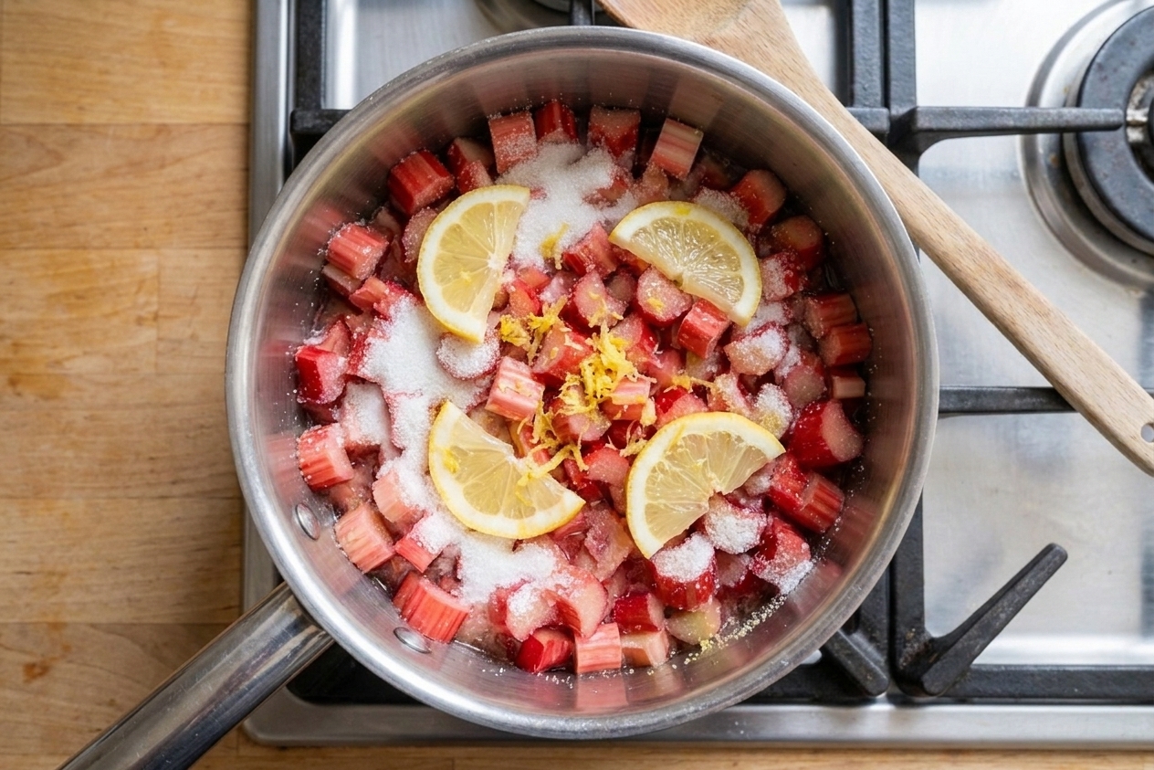 Rhubarb pieces tossed with sugar and lemon in a saucepan before cooking, viewed from overhead on a stovetop