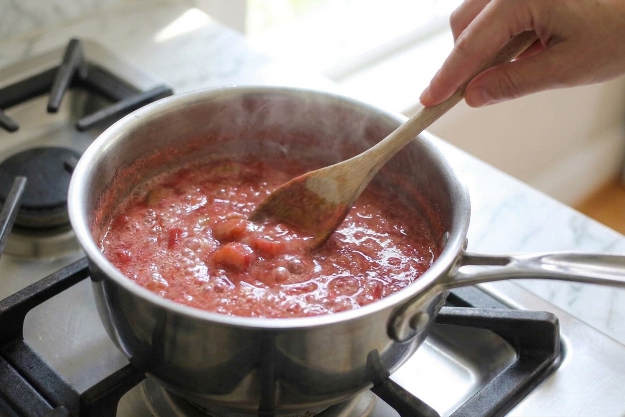 Rhubarb sauce simmering in a saucepan with small bubbles and softened fruit pieces, wooden spoon stirring