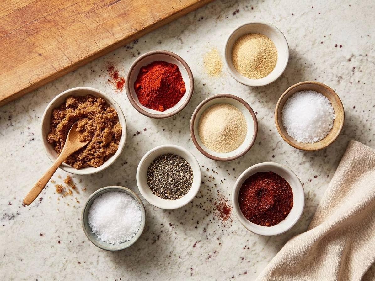Rib rub ingredients portioned in small bowls on a light stone countertop, including brown sugar, paprika, garlic powder, onion powder, salt, pepper, and chili powder