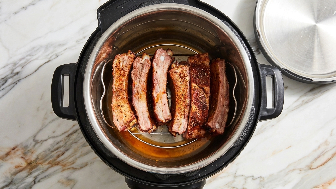 Rib sections arranged upright on a trivet inside an electric pressure cooker with a small amount of liquid at the bottom