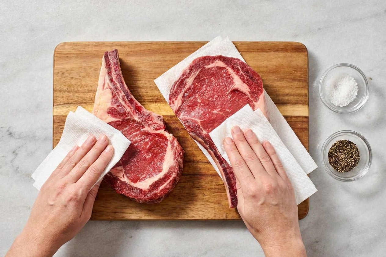 Ribeye steaks on a cutting board being patted dry with paper towels beside small bowls of salt and pepper