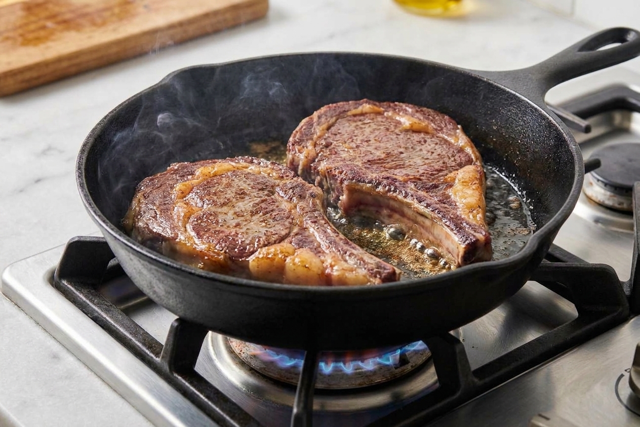 Ribeye steaks searing in a cast-iron skillet as a brown crust begins to form