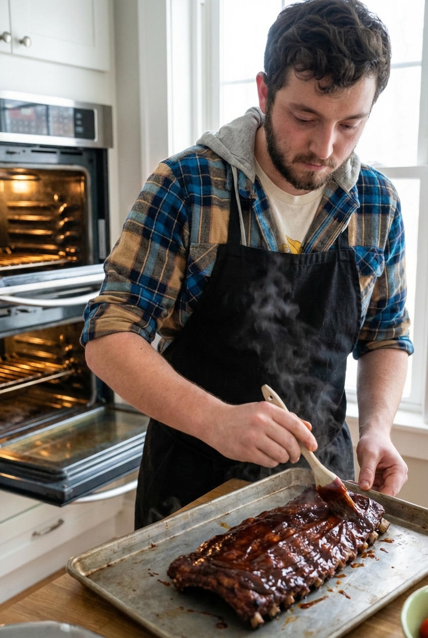 Ribs on a sheet pan being brushed with barbecue sauce before going back into a hot oven