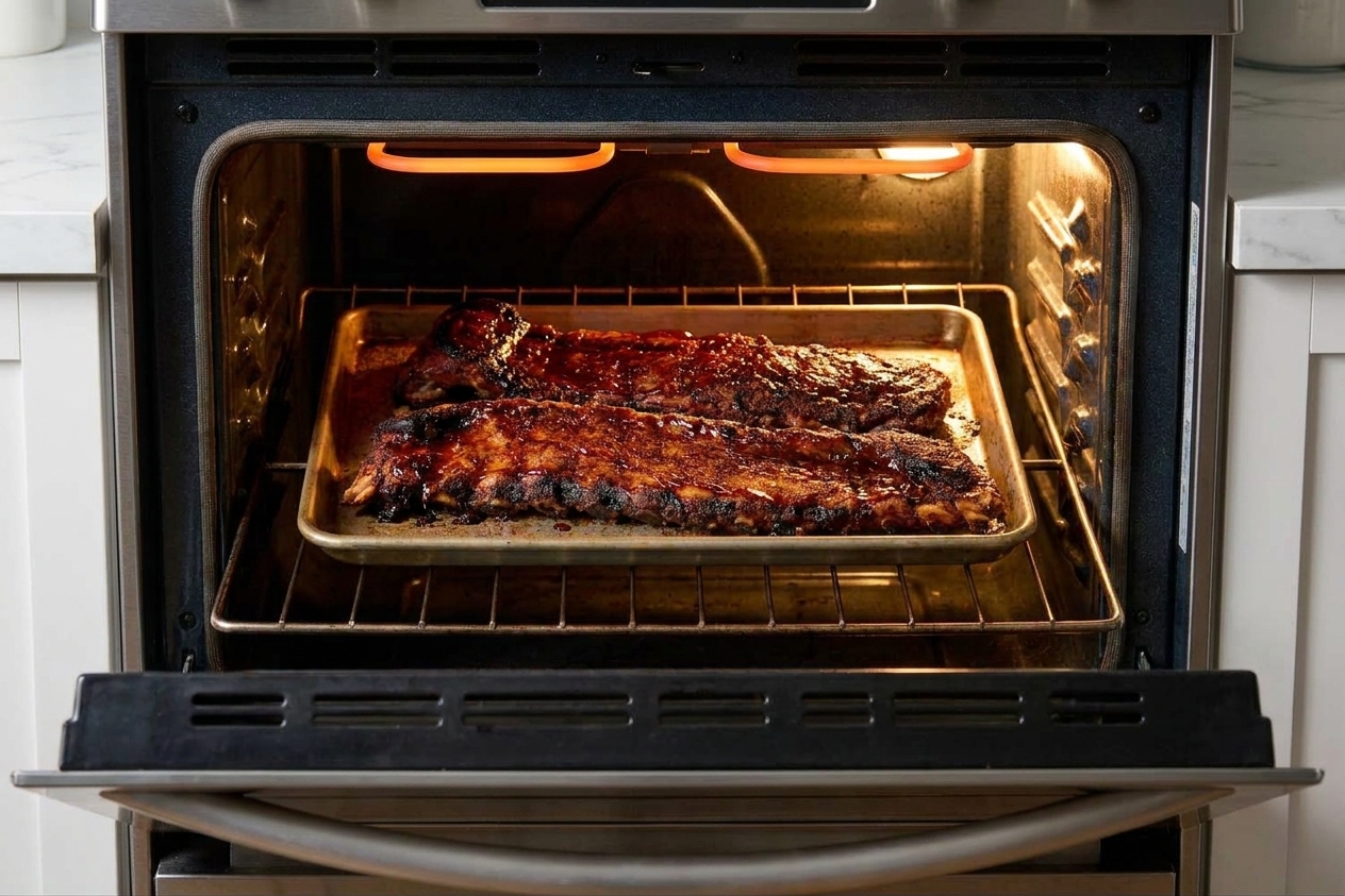 Ribs on a sheet pan under oven broiler heat with caramelized barbecue sauce edges, viewed through the open oven door