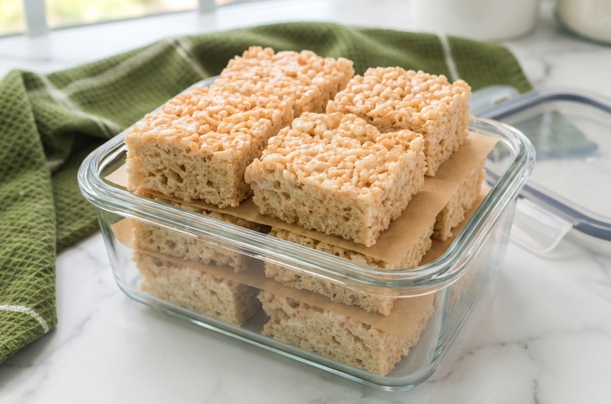 Rice Krispie treat squares stacked in an airtight container with parchment between layers