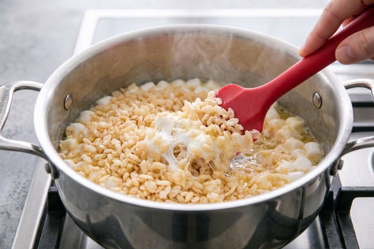 Rice Krispies cereal being folded into melted marshmallow mixture in a pot with a rubber spatula, cereal still visibly crisp