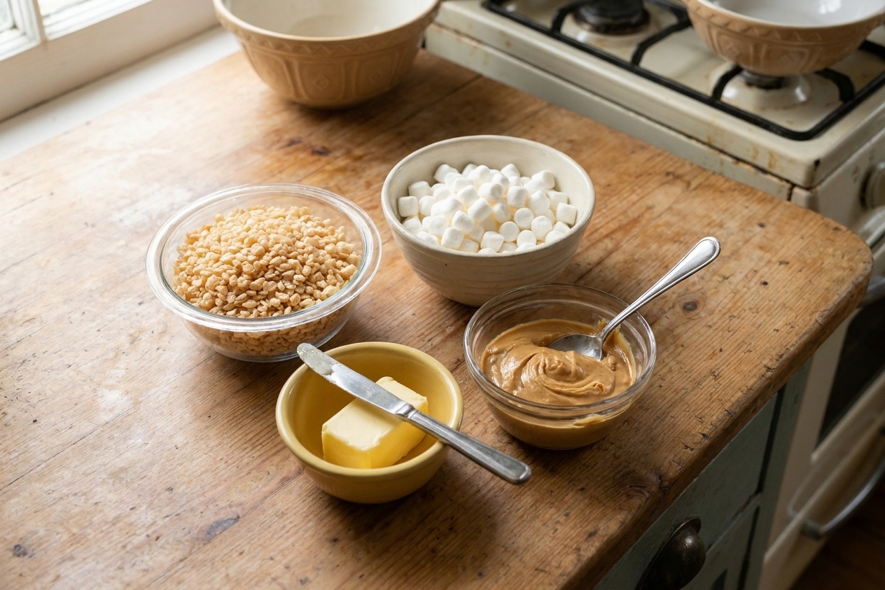 Rice Krispies cereal, mini marshmallows, butter, and creamy peanut butter arranged on a light kitchen counter in small bowls