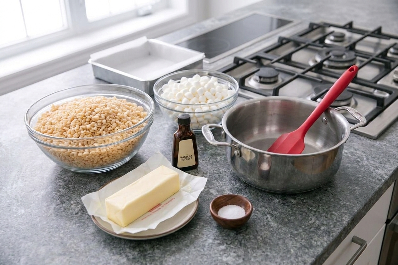Rice Krispies cereal, mini marshmallows, butter, vanilla, and salt arranged on a clean kitchen counter in bright natural light