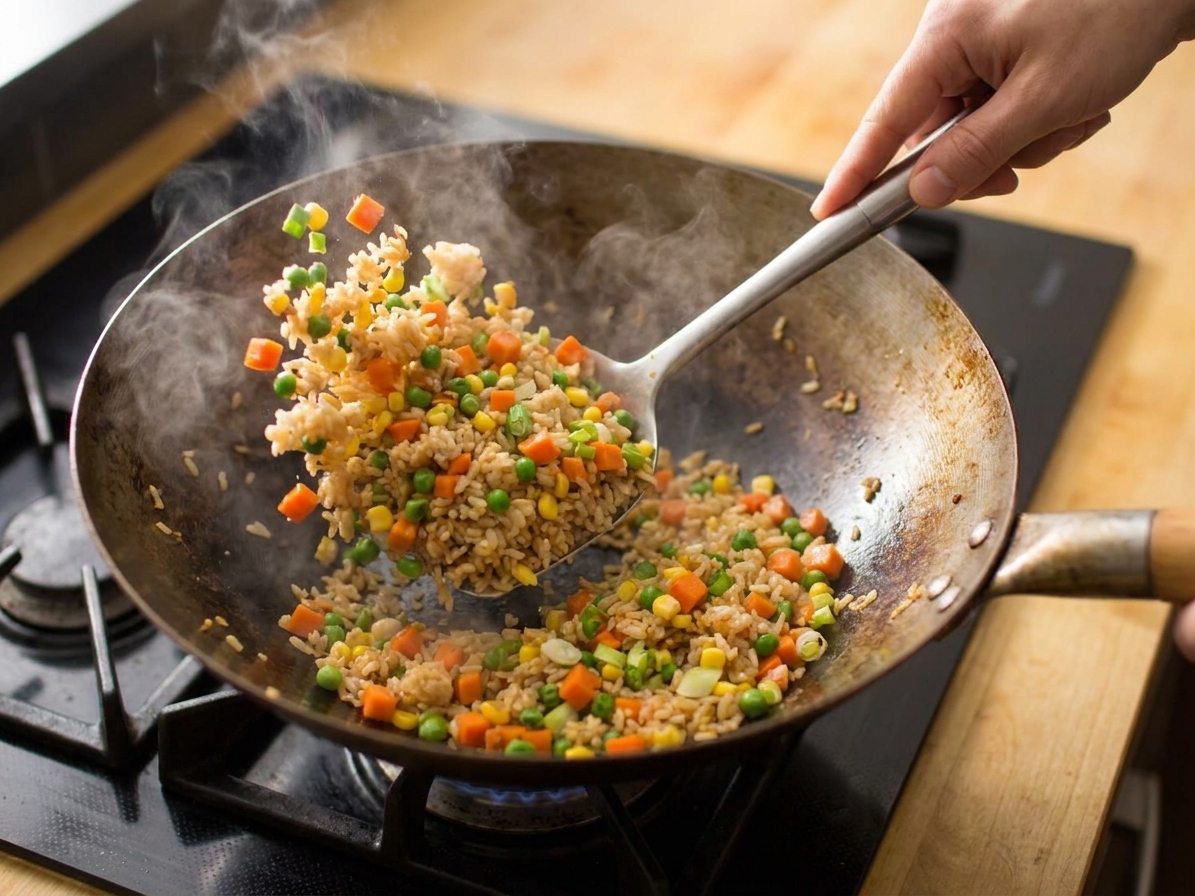 Rice and vegetables sizzling in a hot wok as the mixture is tossed with a spatula