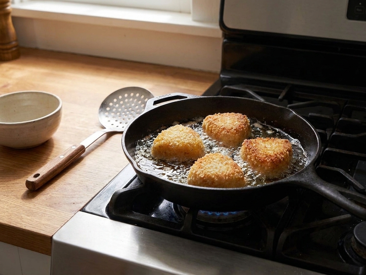 Rice balls frying in hot oil in a skillet on a stovetop with a slotted spoon nearby