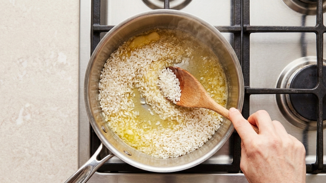 Rice being stirred in melted butter inside a stainless steel saucepan on a stovetop, steam just starting to rise