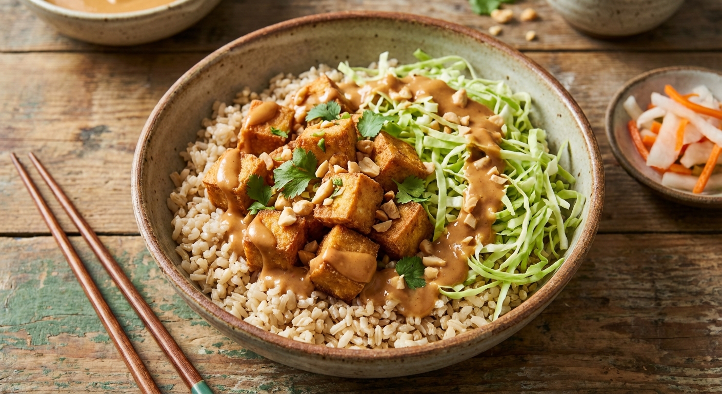 Rice bowl with tofu, shredded cabbage, and peanut sauce