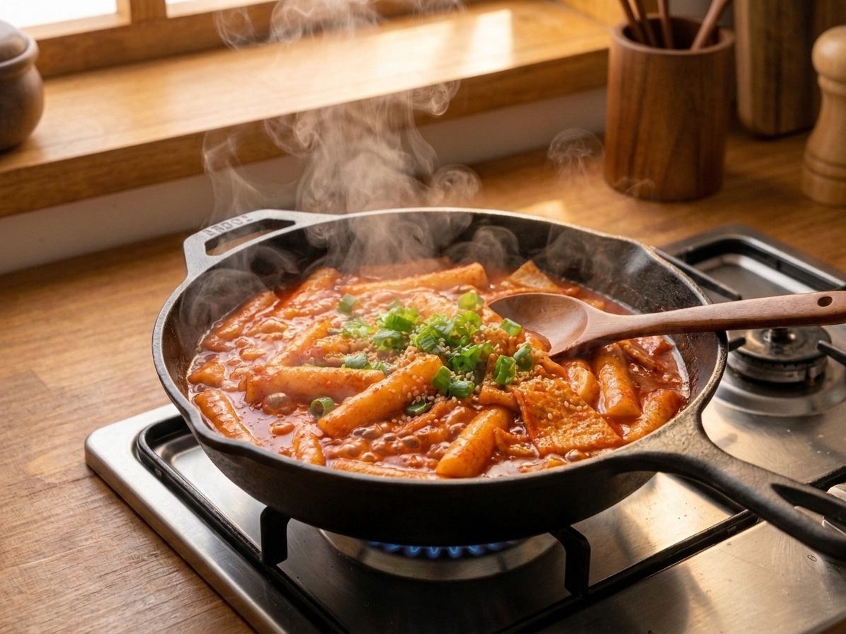 Rice cakes simmering in a red gochujang sauce in a wide skillet on a stovetop, steam rising