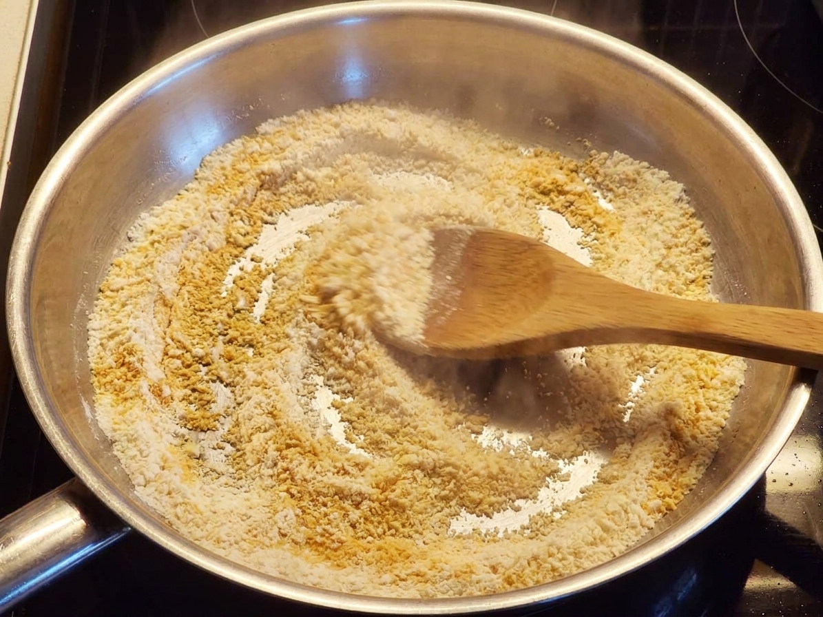 Rice flour being stirred in a dry skillet with a wooden spoon as it turns lightly golden