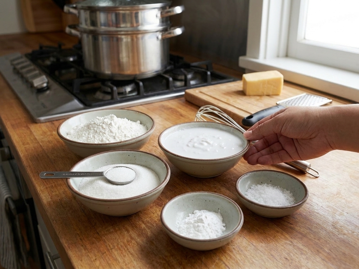 Rice flour, coconut milk, sugar, baking powder, and salt measured out in small bowls on a clean kitchen counter