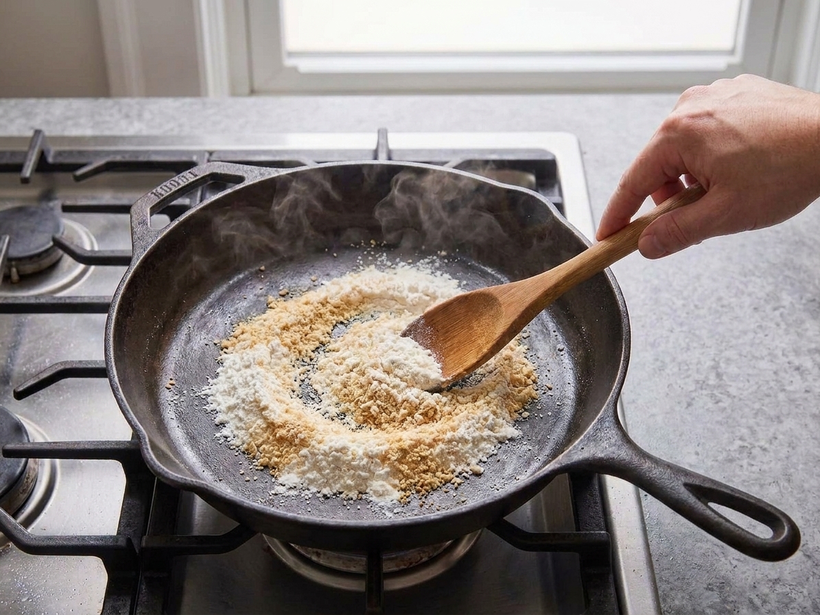 Rice flour toasting in a dry skillet on a stovetop, stirred with a wooden spoon
