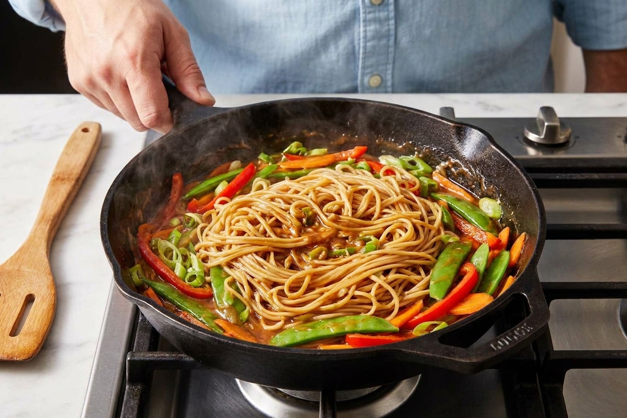 Rice noodles being tossed in a skillet with glossy peanut sauce and mixed vegetables on a home stove