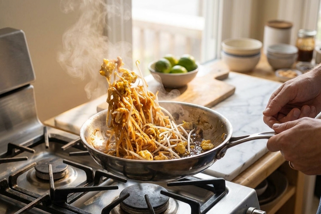 Rice noodles being tossed in a skillet with pad thai sauce, egg, and bean sprouts as steam rises in a home kitchen