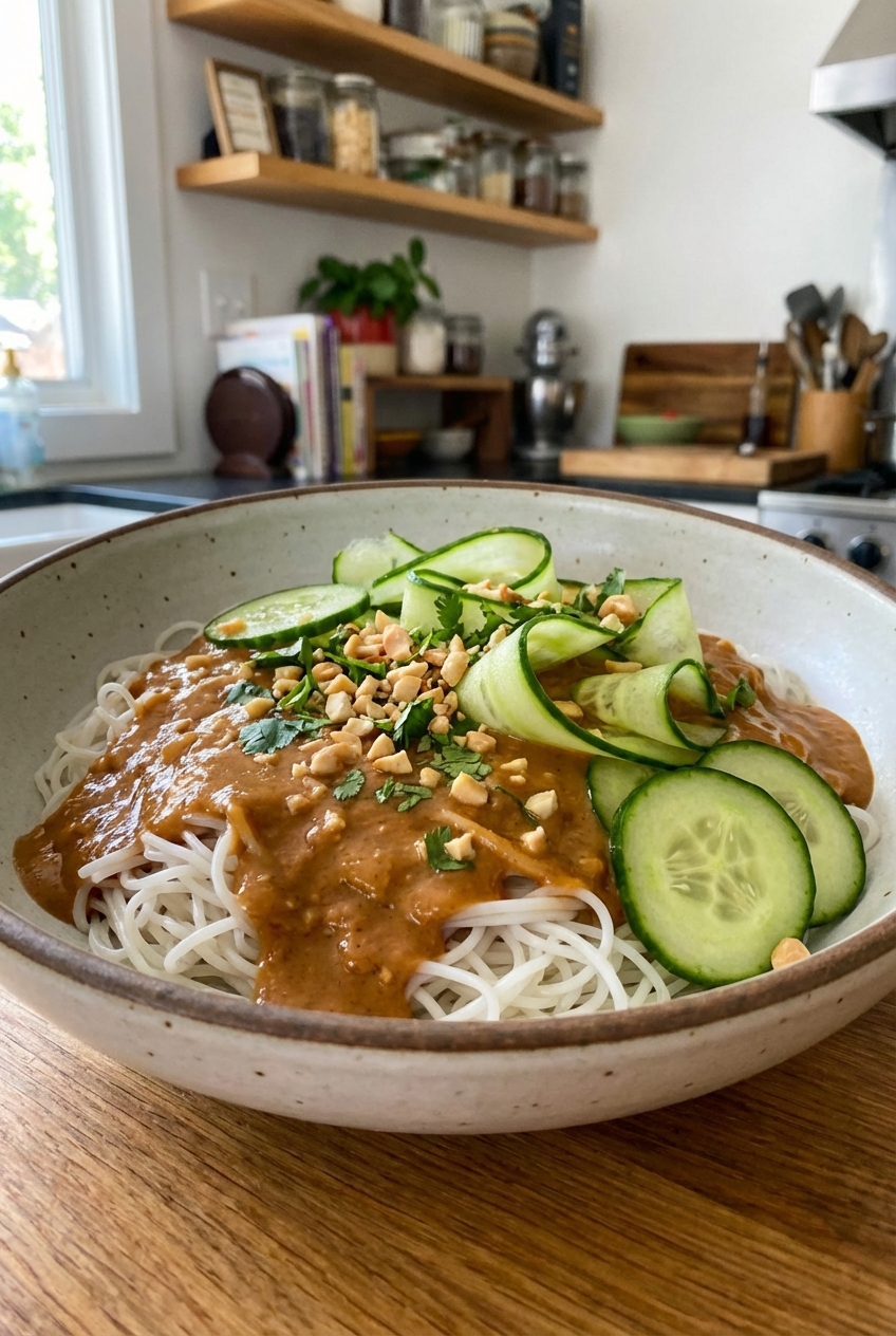 Rice noodles in a bowl topped with peanut sauce and sliced cucumber