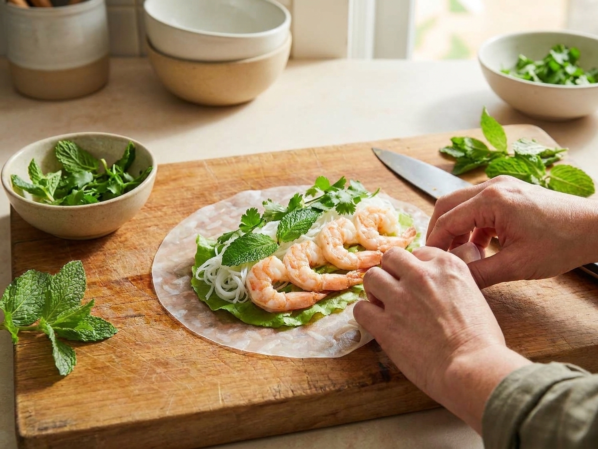 Rice paper wrapper on a cutting board with lettuce, noodles, herbs, vegetables, and shrimp arranged for rolling
