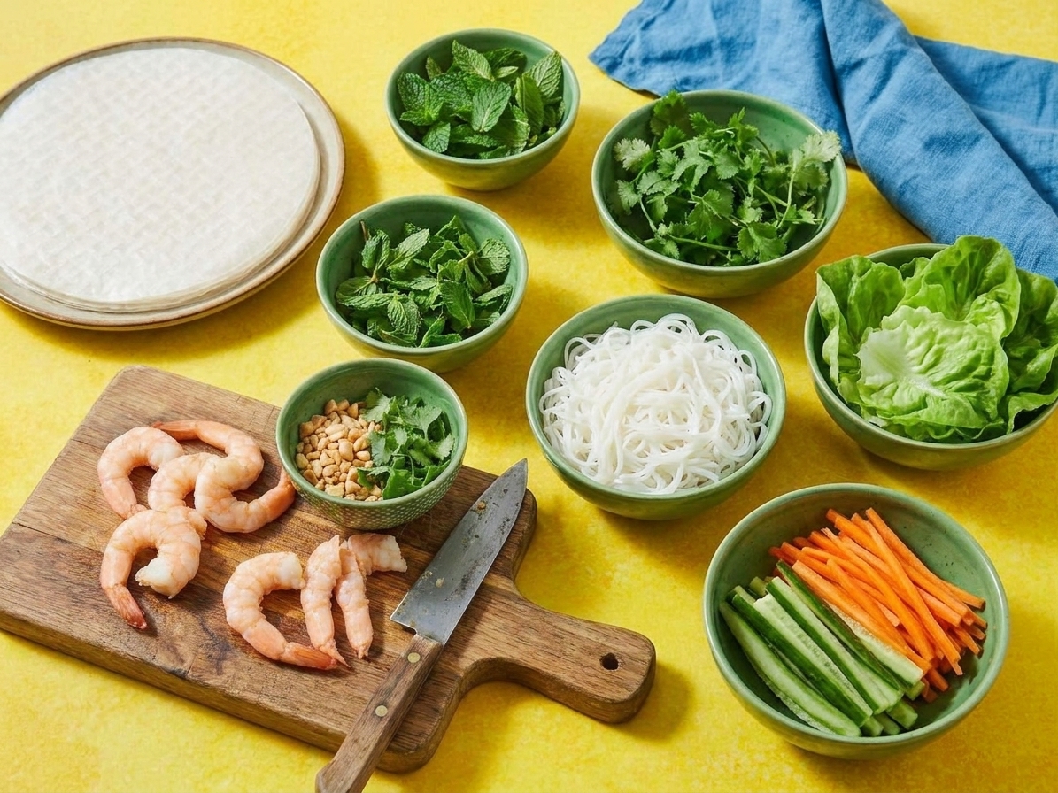 Rice paper wrappers, cooked shrimp, fresh mint, cilantro, lettuce, rice noodles, and sliced vegetables arranged on a clean kitchen counter, ready for rolling