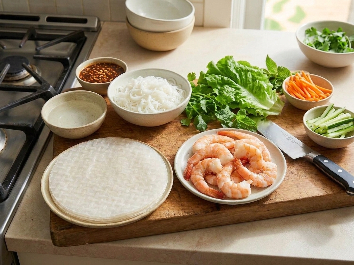 Rice paper wrappers, cooked shrimp, rice noodles, lettuce, herbs, and sliced vegetables arranged on a clean kitchen counter ready for rolling