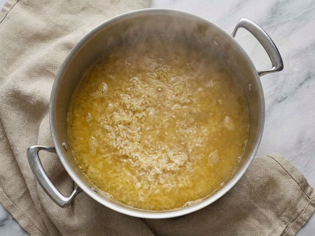 Rice simmering in chicken broth in a deep skillet with steam rising as it cooks