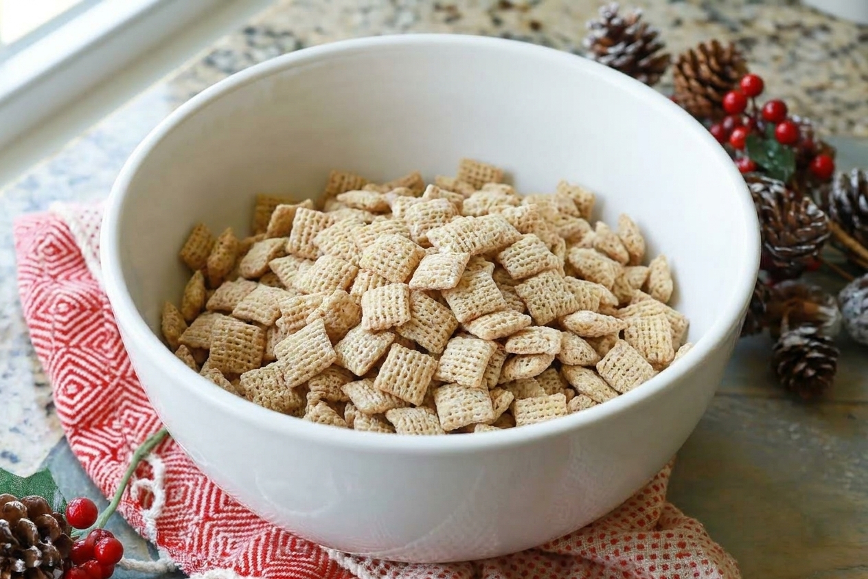 Rice square cereal piled in a large mixing bowl on a kitchen counter, ready to be coated
