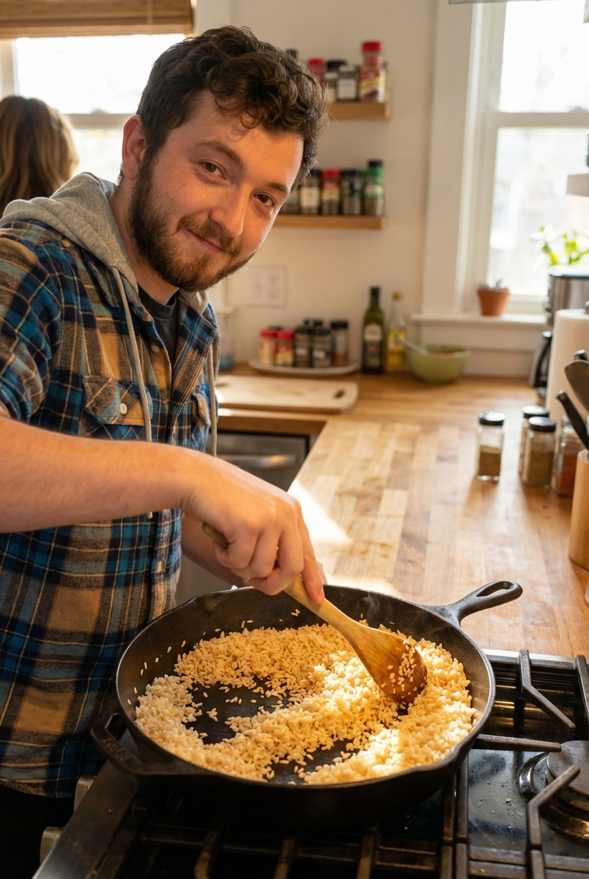 Rice toasting in a skillet, turning lightly golden as it is stirred with a wooden spoon